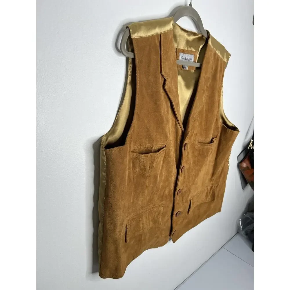 Vintage Leather Suede Vest Button Up Pockets Tan Brown Men's Size XL